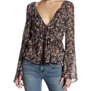 Free People Uptown Floral Bell Sleeve Blouse Romantic Flowy Sz M Black Brown